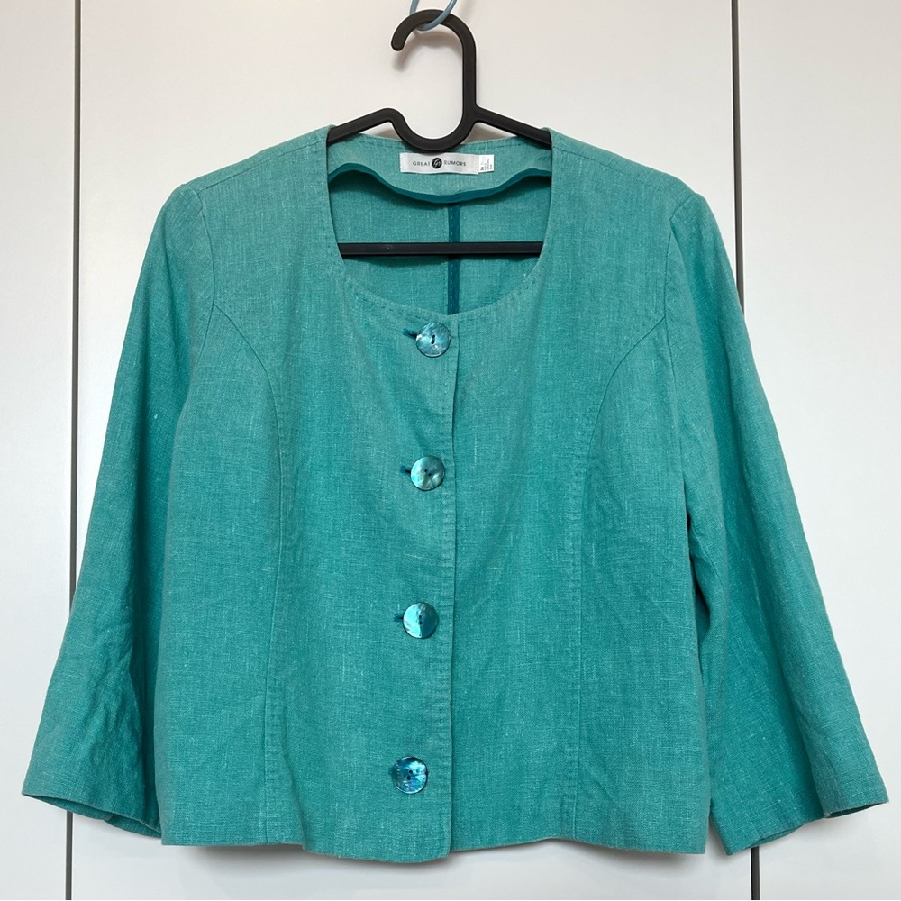 Teal Green Linen-Blend Button Front Jacket